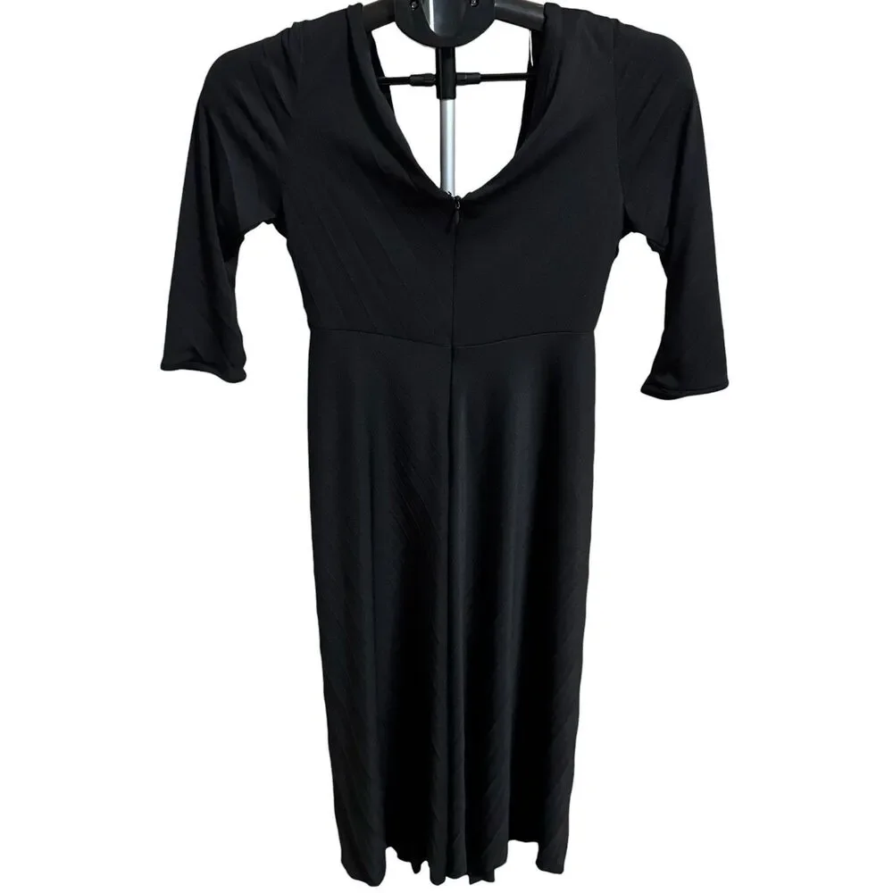 Max Azria Black Knot Dress Sz XS Midi‎ Ruching Front Gown V Neck Cocktail