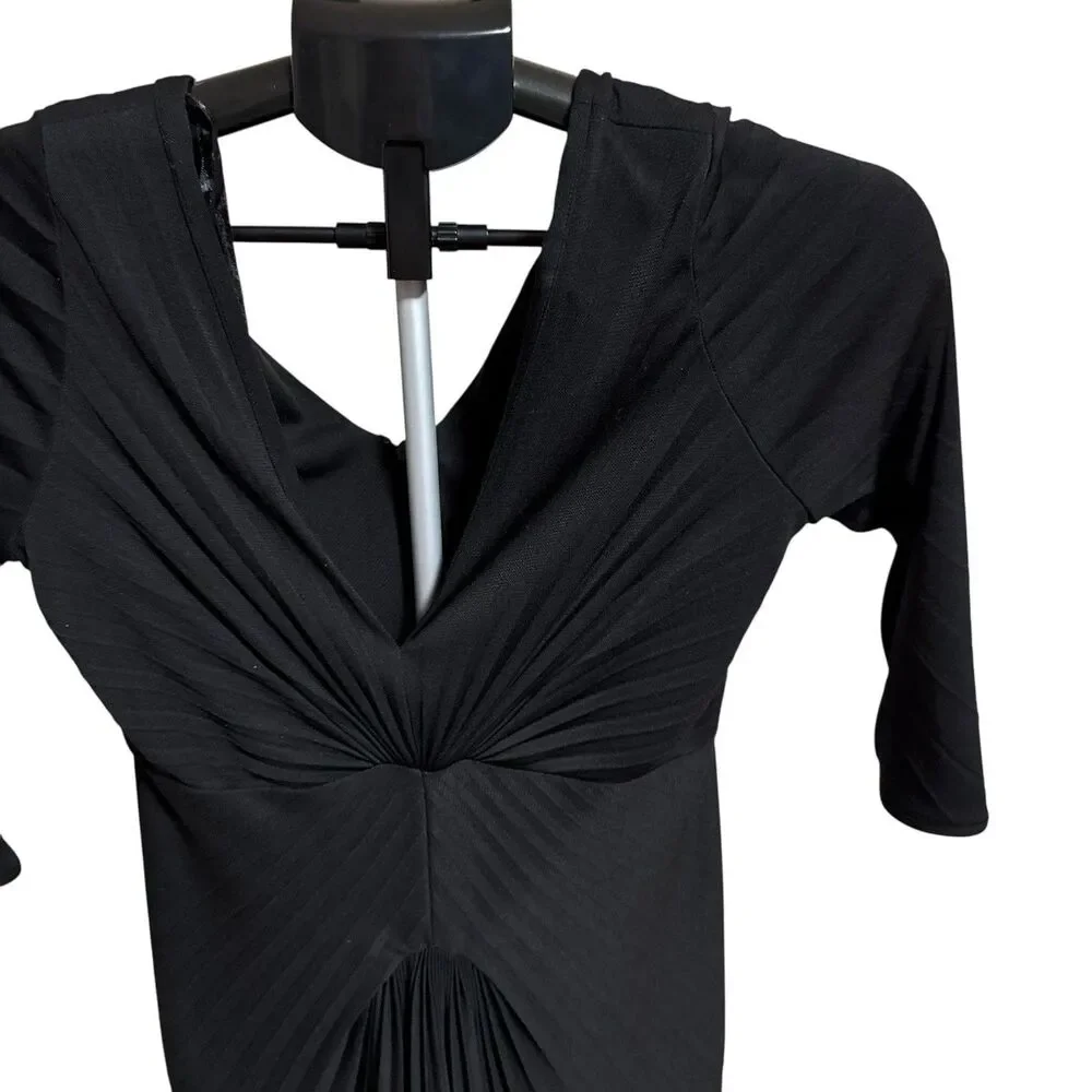 Max Azria Black Knot Dress Sz XS Midi‎ Ruching Front Gown V Neck Cocktail