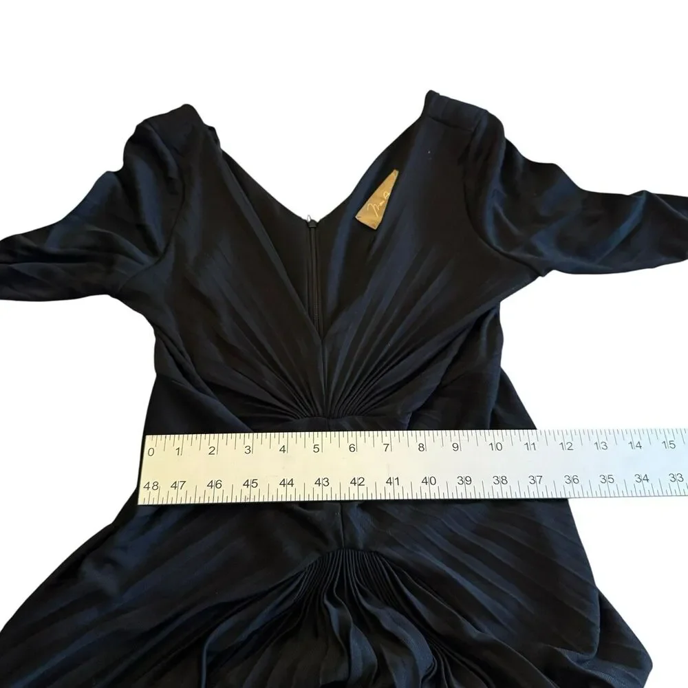 Max Azria Black Knot Dress Sz XS Midi‎ Ruching Front Gown V Neck Cocktail