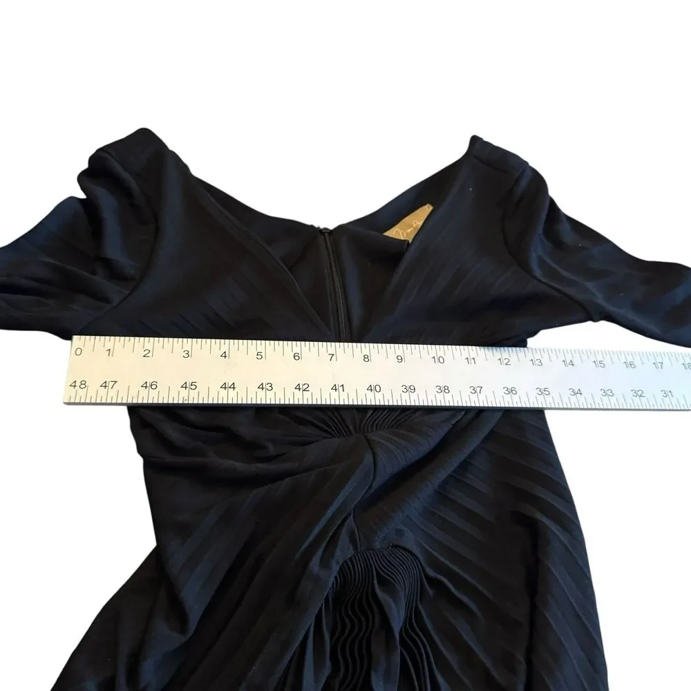 Max Azria Black Knot Dress Sz XS Midi‎ Ruching Front Gown V Neck Cocktail