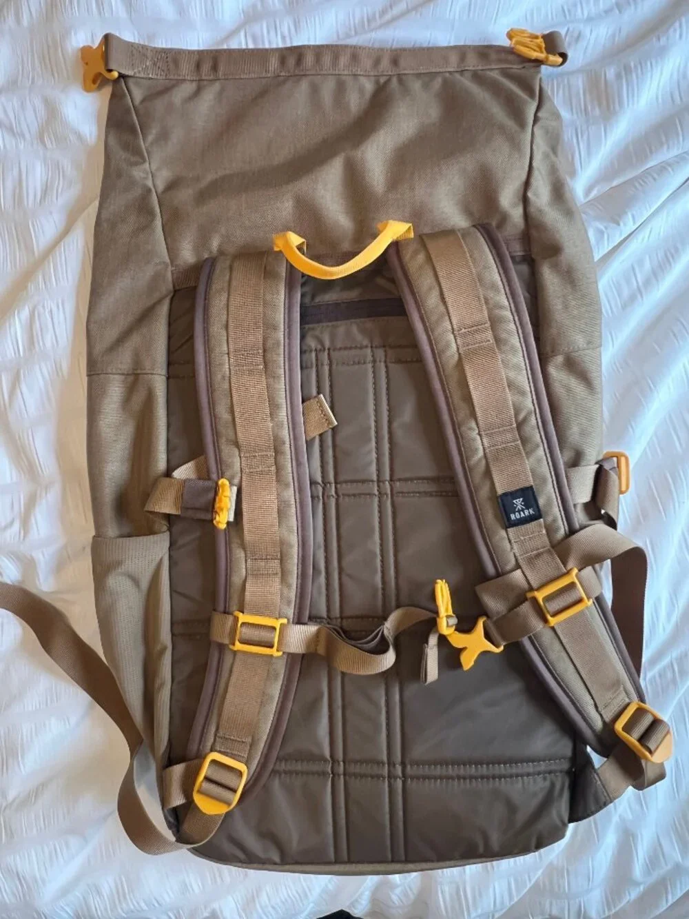 Roark Passenger 2.0 27L rolltop canvas backpack in toffee color (tan)