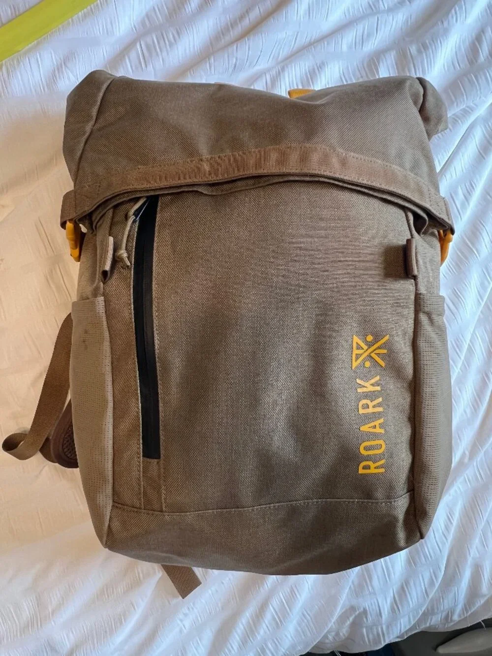 Roark Passenger 2.0 27L rolltop canvas backpack in toffee color (tan)