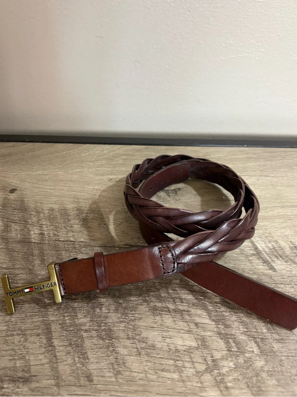 Women's TOMMY HILFIGER Brown BRAIDED LEATHER Solid Brass H Buckle DESIGNER BELT