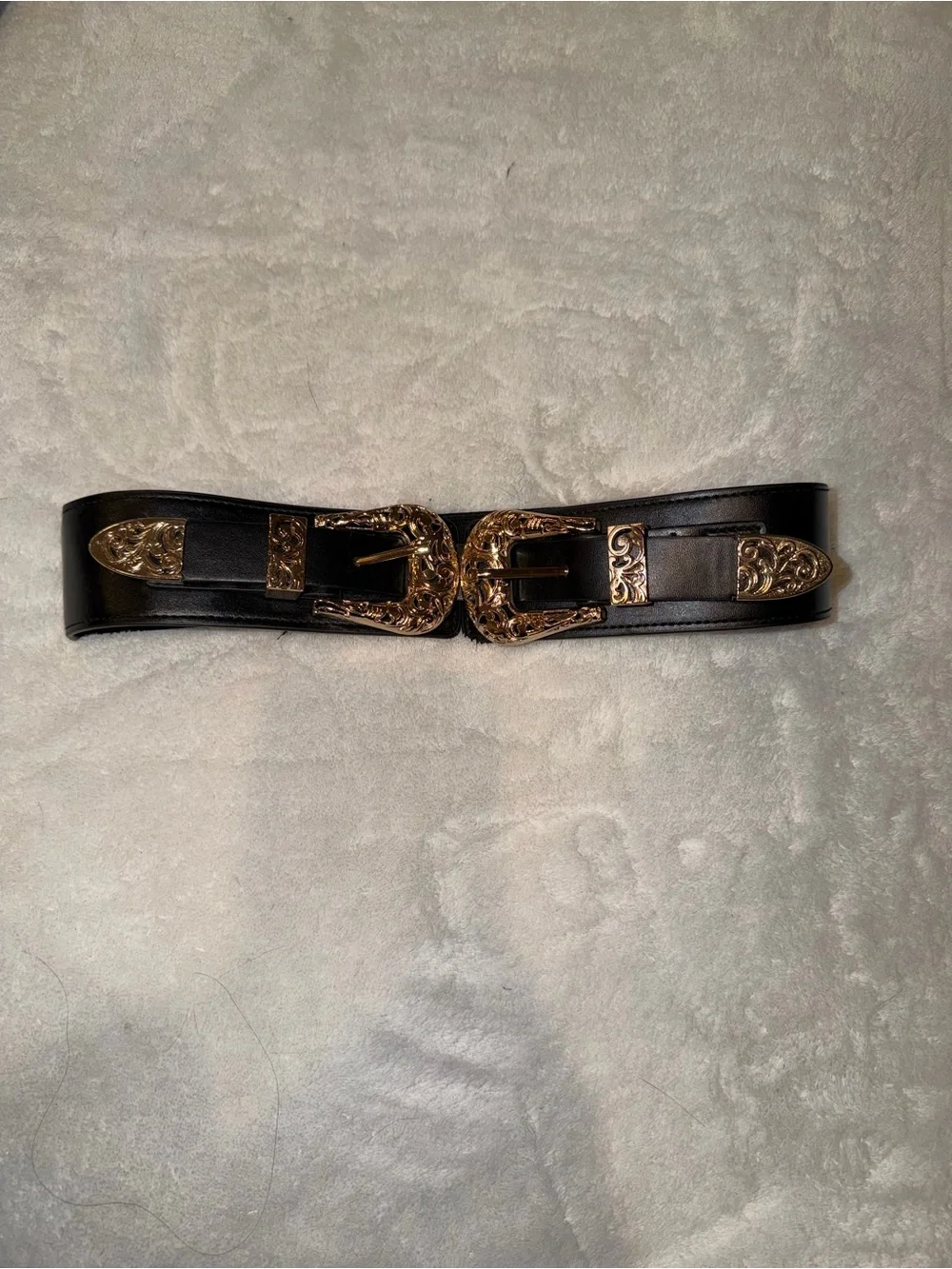 Black Western Double Buckle Waist Belt with Gold Hardware