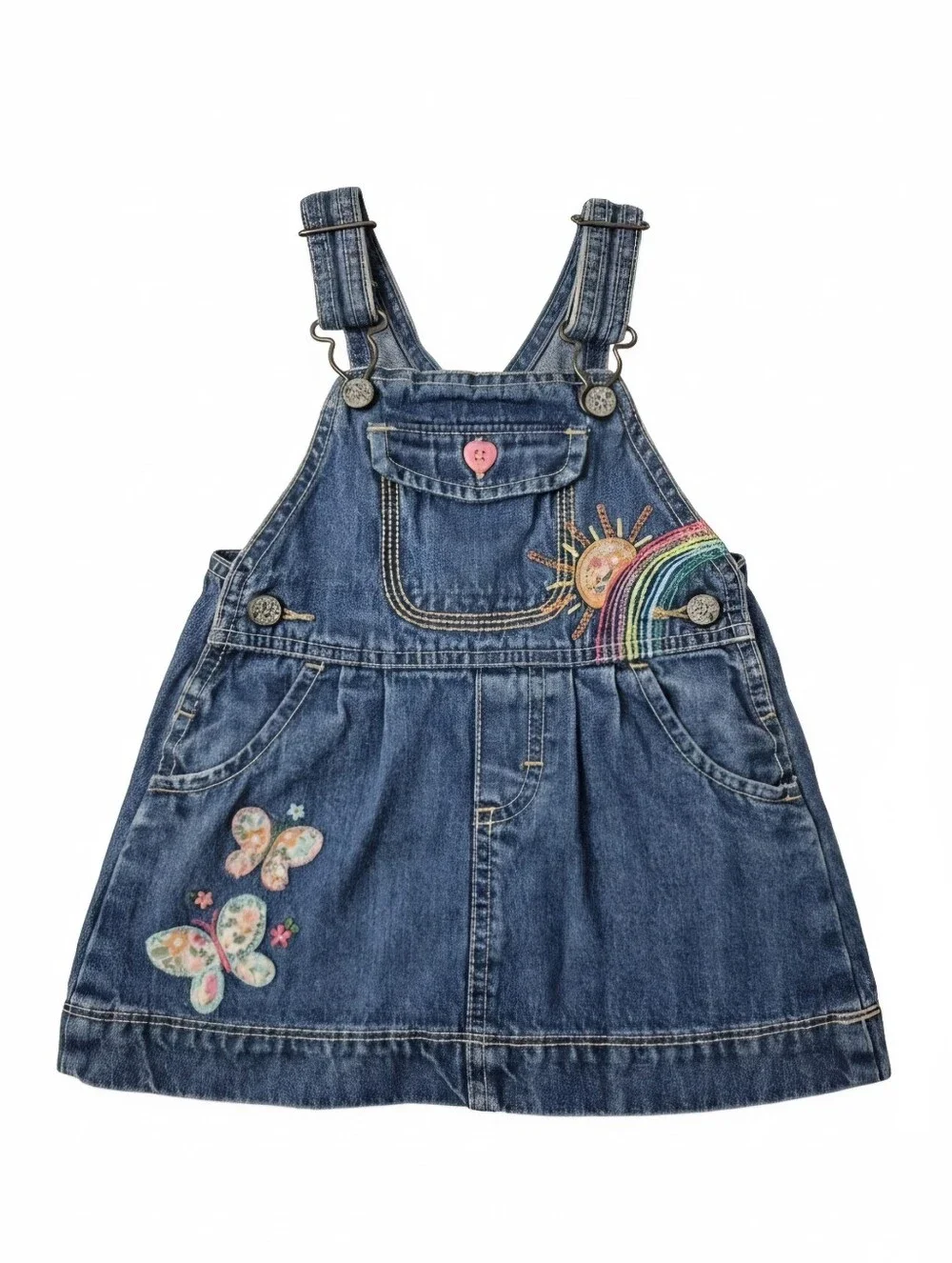 OshKosh B'Gosh Denim Overall Dress Butterfly Rainbow Embroidered 18M