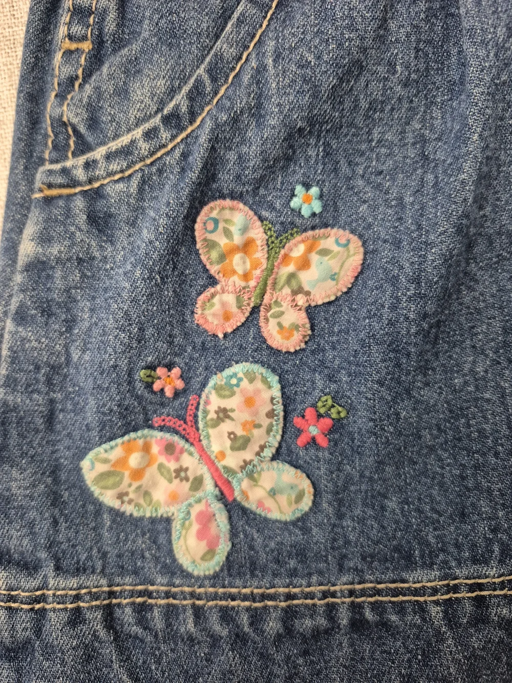 OshKosh B'Gosh Denim Overall Dress Butterfly Rainbow Embroidered 18M