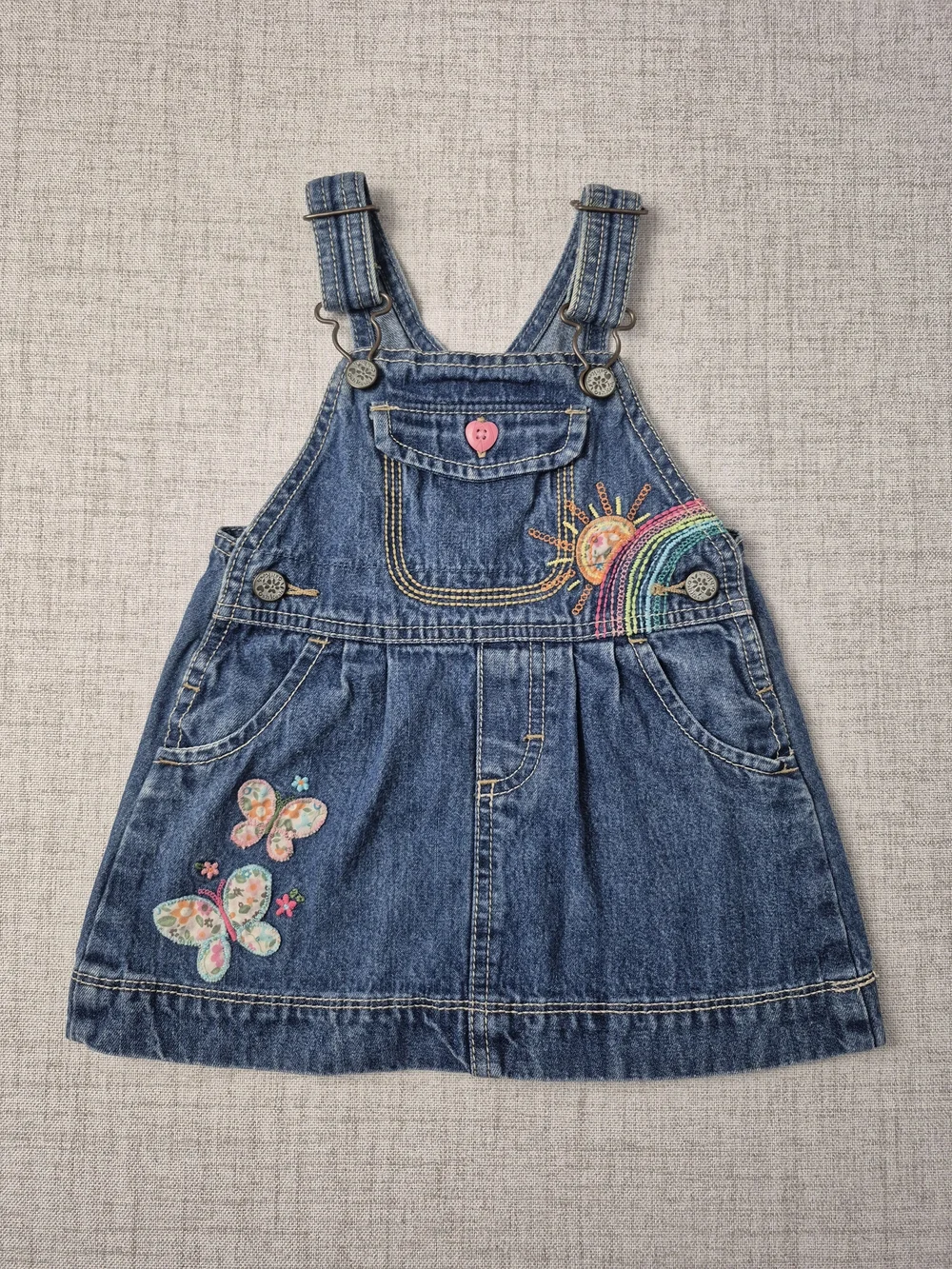 OshKosh B'Gosh Denim Overall Dress Butterfly Rainbow Embroidered 18M