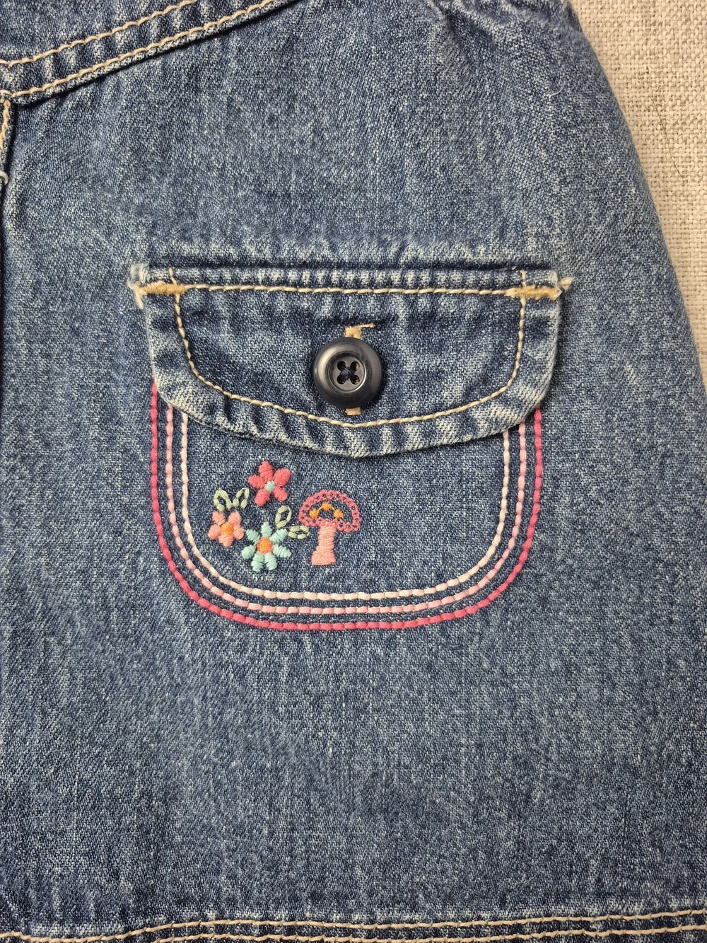 OshKosh B'Gosh Denim Overall Dress Butterfly Rainbow Embroidered 18M