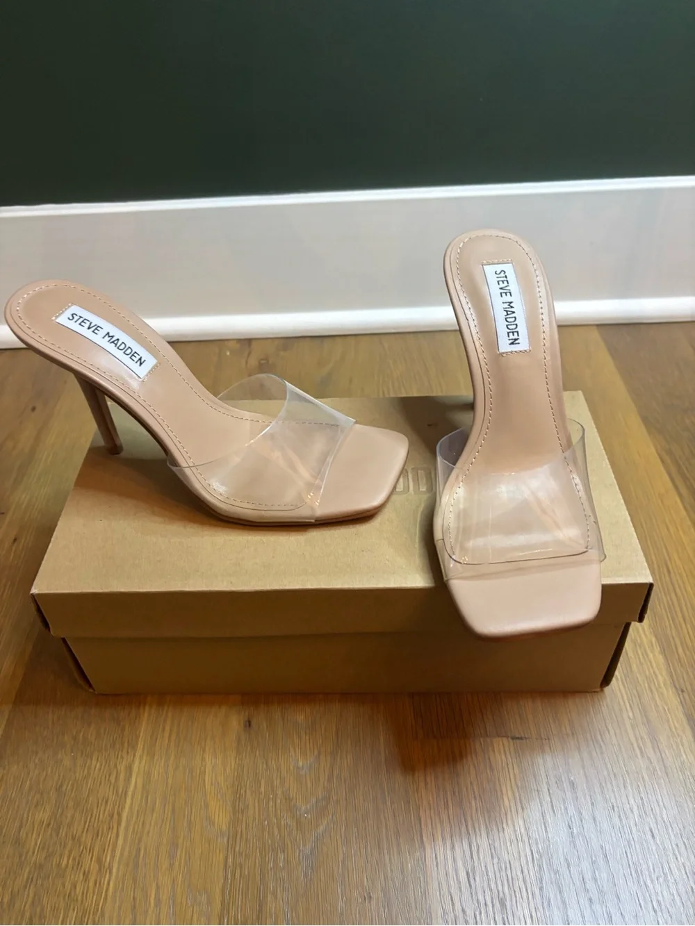 Steve Madden Blush Nude Clear Strap Slide Heels
