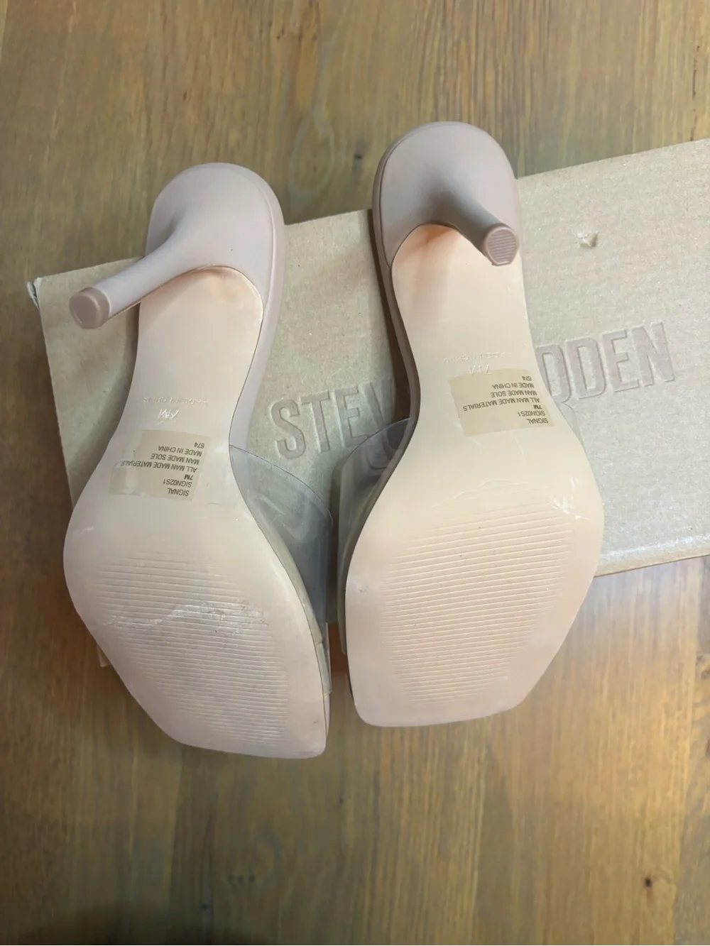 Steve Madden Blush Nude Clear Strap Slide Heels