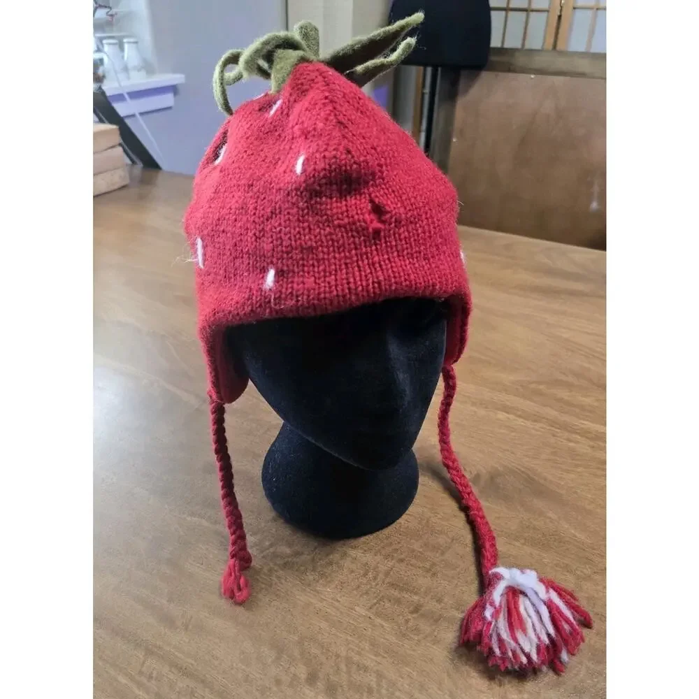 Handmade Wool Strawberry Hat Distressed Made In Nepal Festival Party