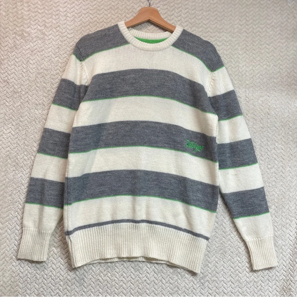 Vintage Y2K Billabong Mens M Cream Gray Skater‎ Striped Knit Grunge Sweater