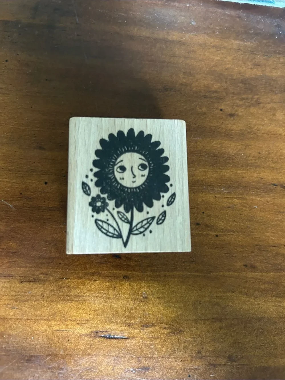 Nikdotti Wooden Sunflower Rubber Stamp - Black Floral Face Design NEW