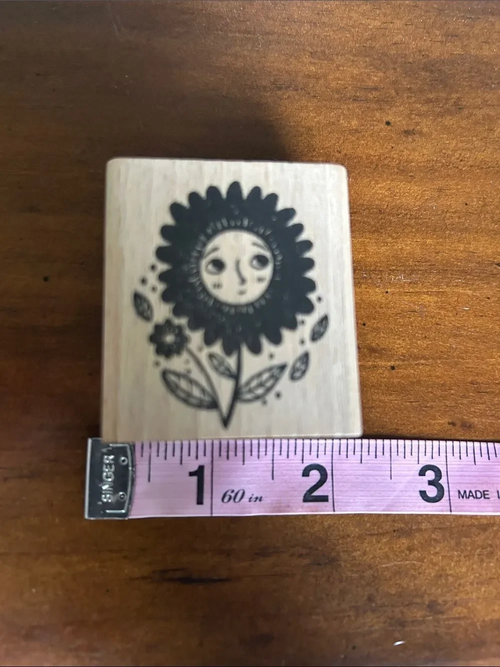 Nikdotti Wooden Sunflower Rubber Stamp - Black Floral Face Design NEW
