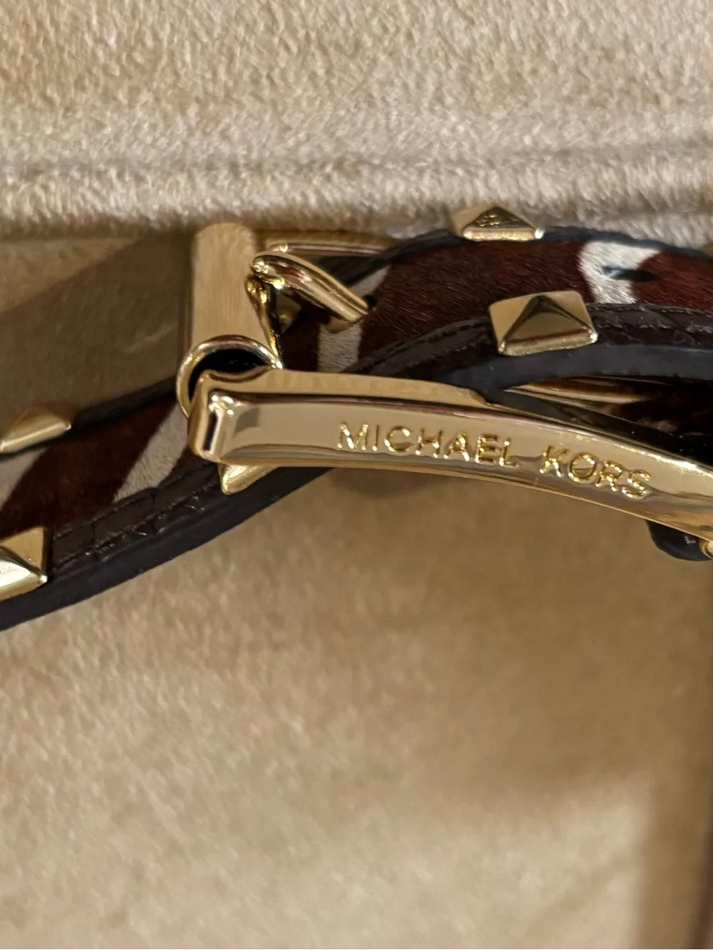 Michael Kors Studded Brown & Cream Calf-Hair Leather Women’s Belt
