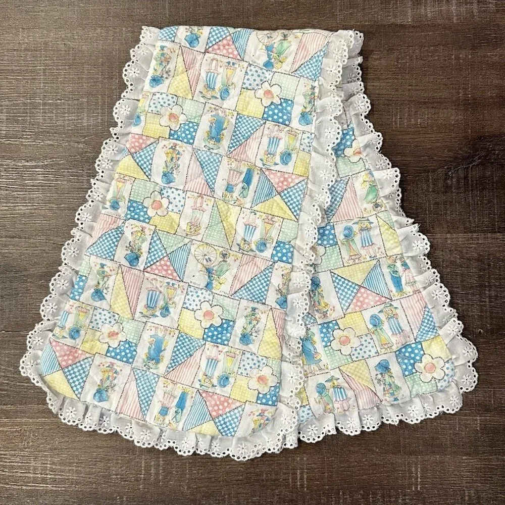 Vintage Holly Hobbie Patchwork Fabric Burp Rag Cloth‎ Shoulder Ruffle 26”x8”