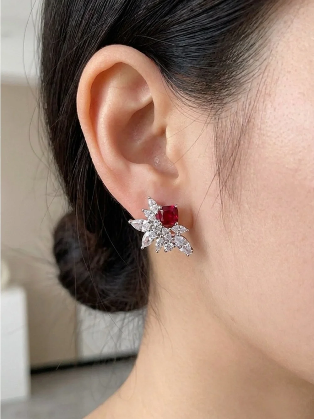 Anthropologie Ruby Red Floral Cluster Stud Earrings