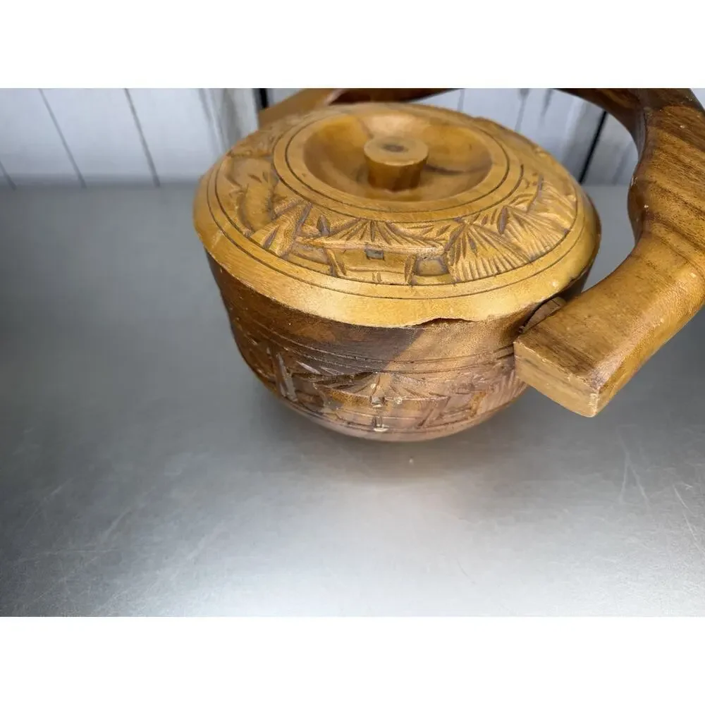 MCM Tiki Vintage Ice Bucket Wood Hand Carved W/ Handle Asian Mountains