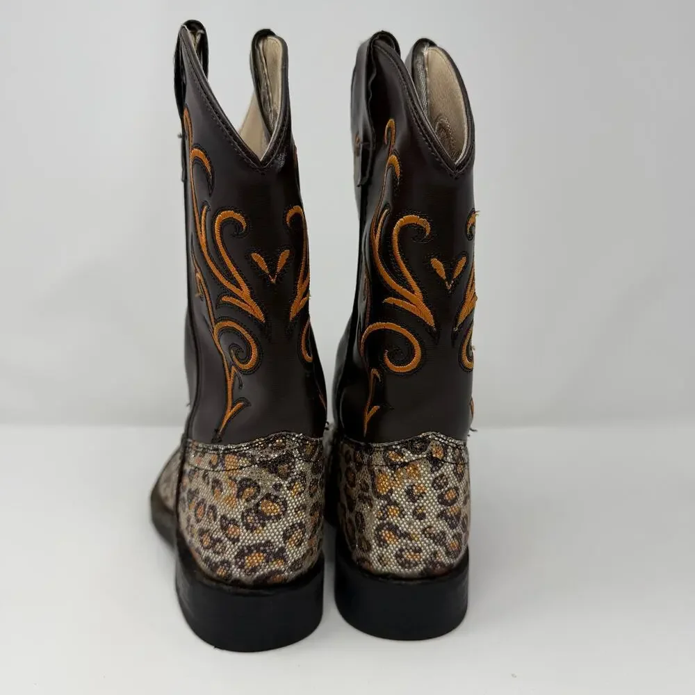 Old West Girls Brown Leopard Cowboy Boots Size 12