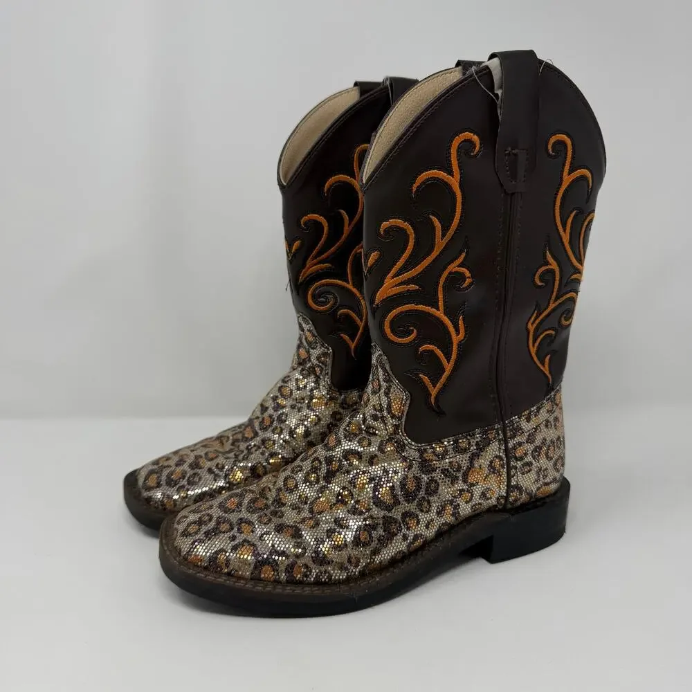 Old West Girls Brown Leopard Cowboy Boots Size 12