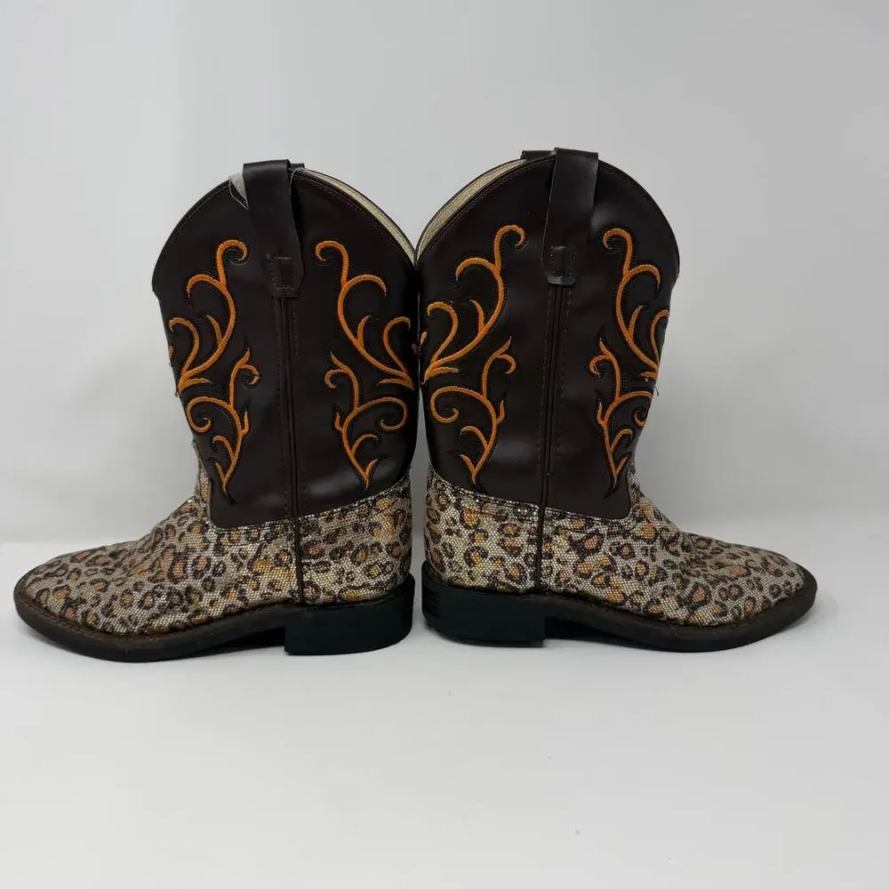 Old West Girls Brown Leopard Cowboy Boots Size 12