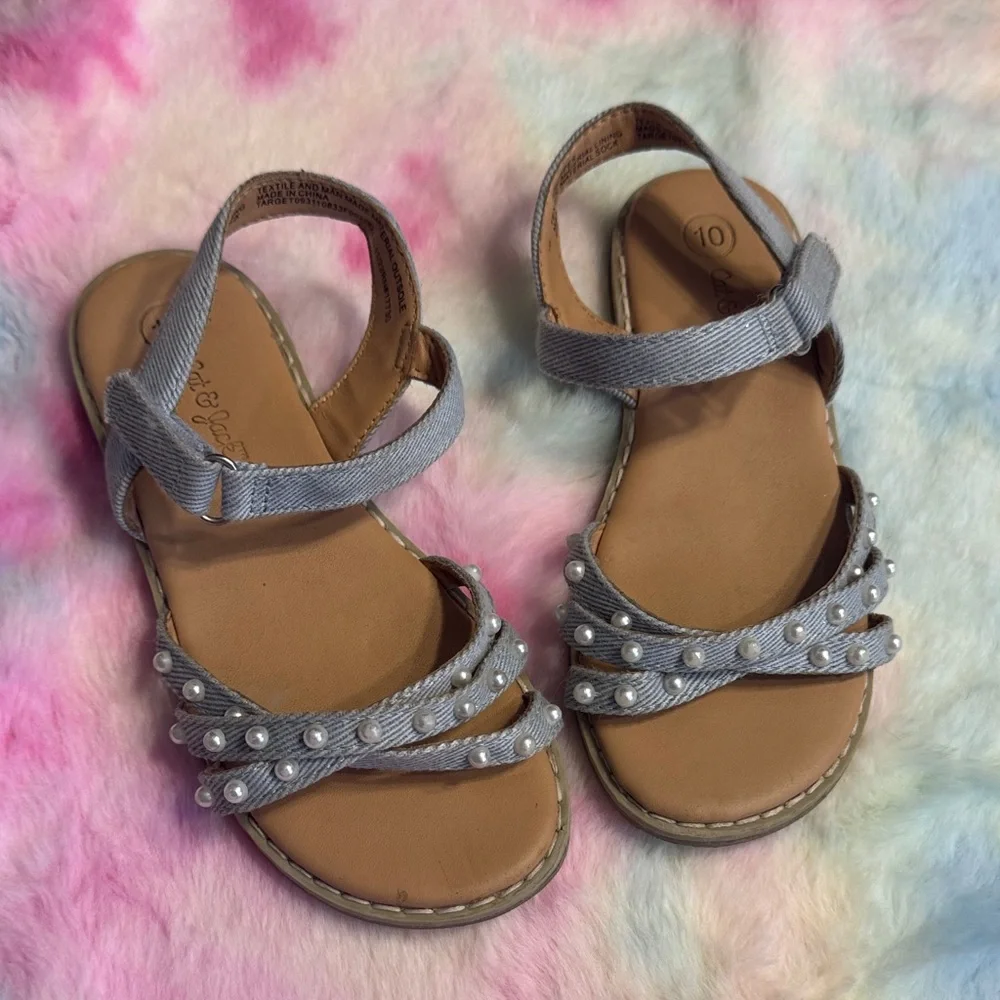 2/$10 Girls blue Jean sandals sz 10 with Pearl Accents
