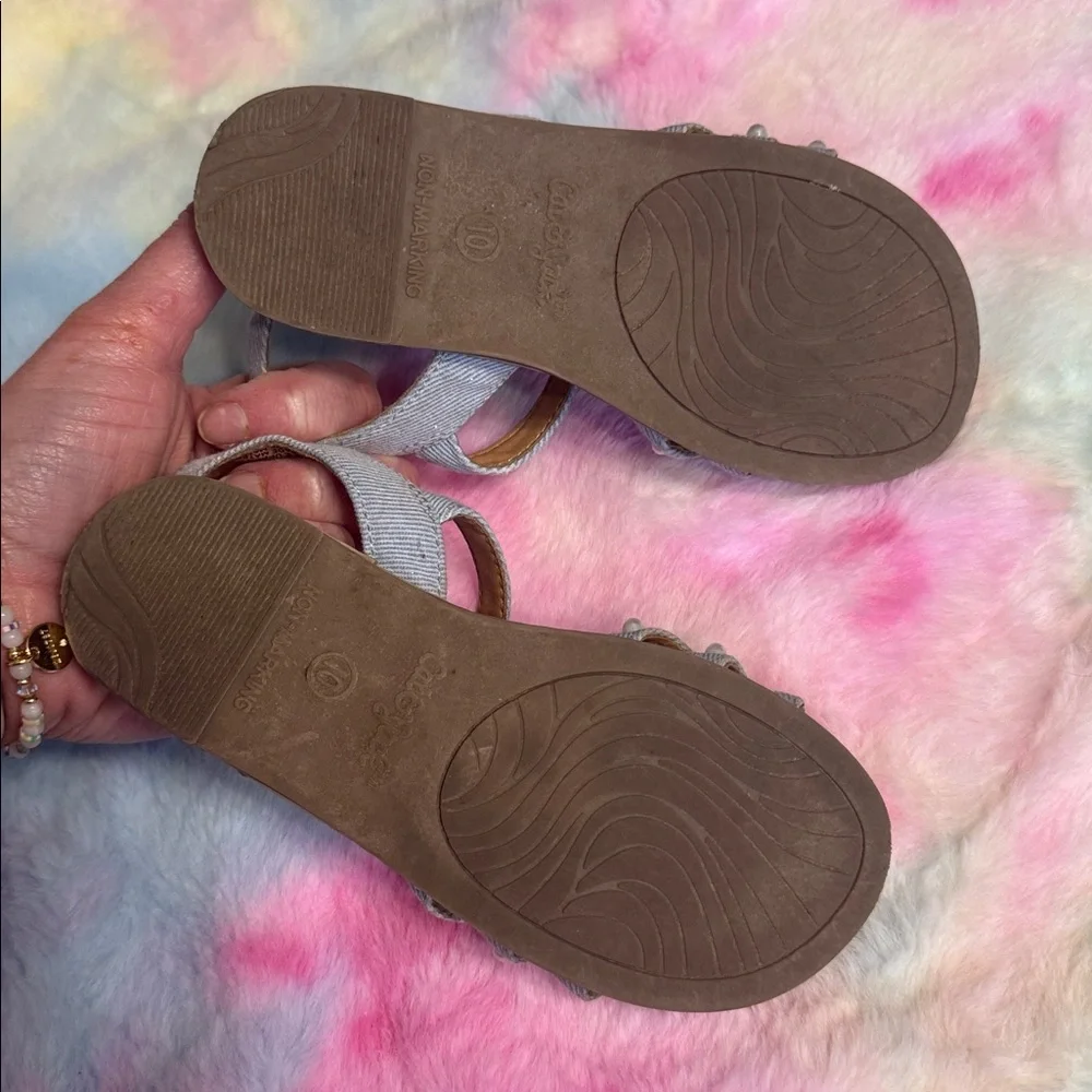 2/$10 Girls blue Jean sandals sz 10 with Pearl Accents