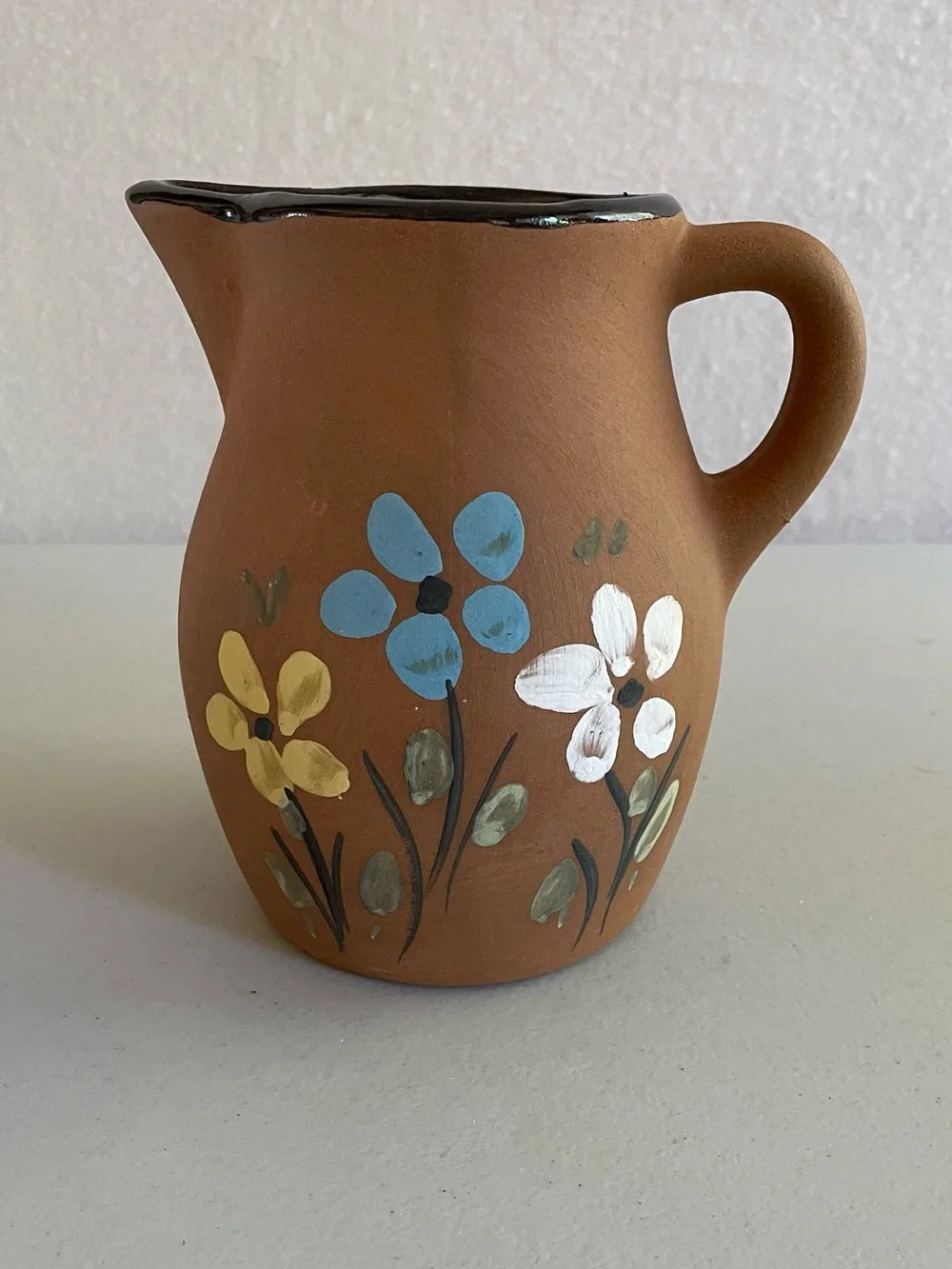 Vintage Hand Painted Terracotta Floral Pitcher Rustic Folk Art Clay Jug Vase 6