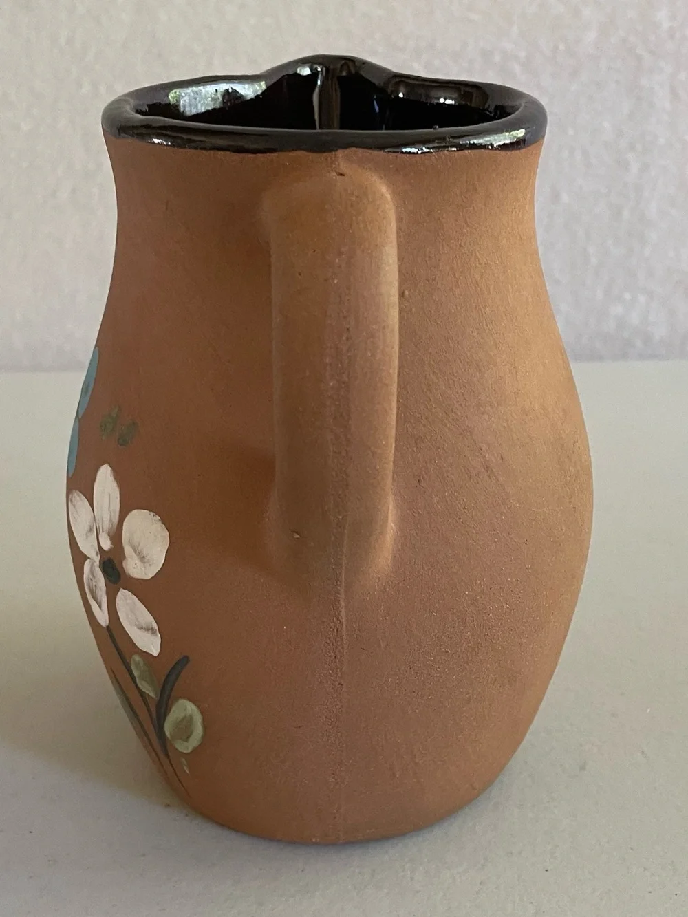 Vintage Hand Painted Terracotta Floral Pitcher Rustic Folk Art Clay Jug Vase 6