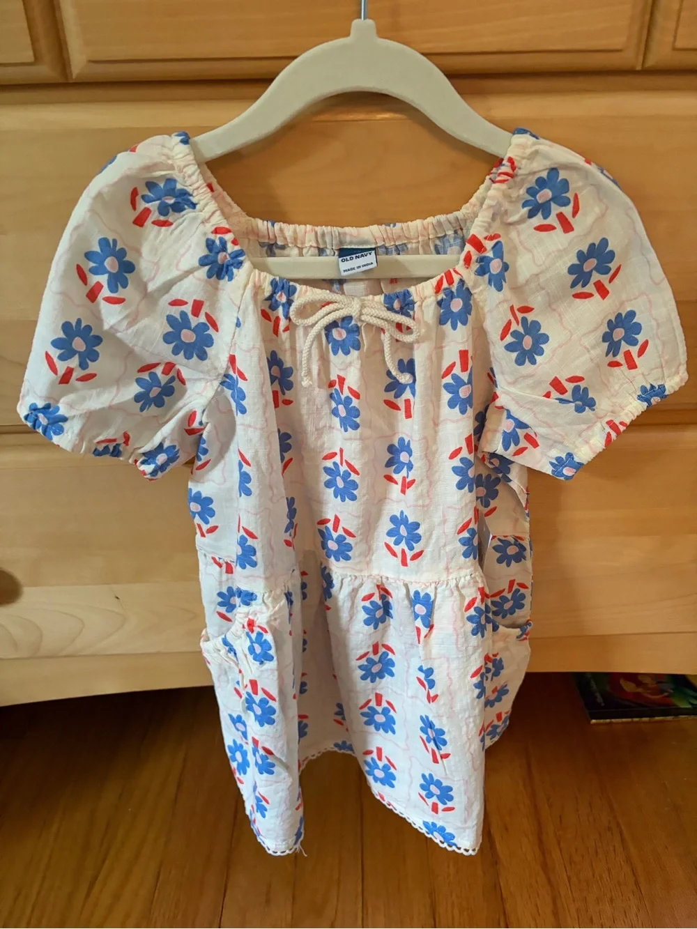 Old Navy Cream Dress with Blue & Red Floral Print