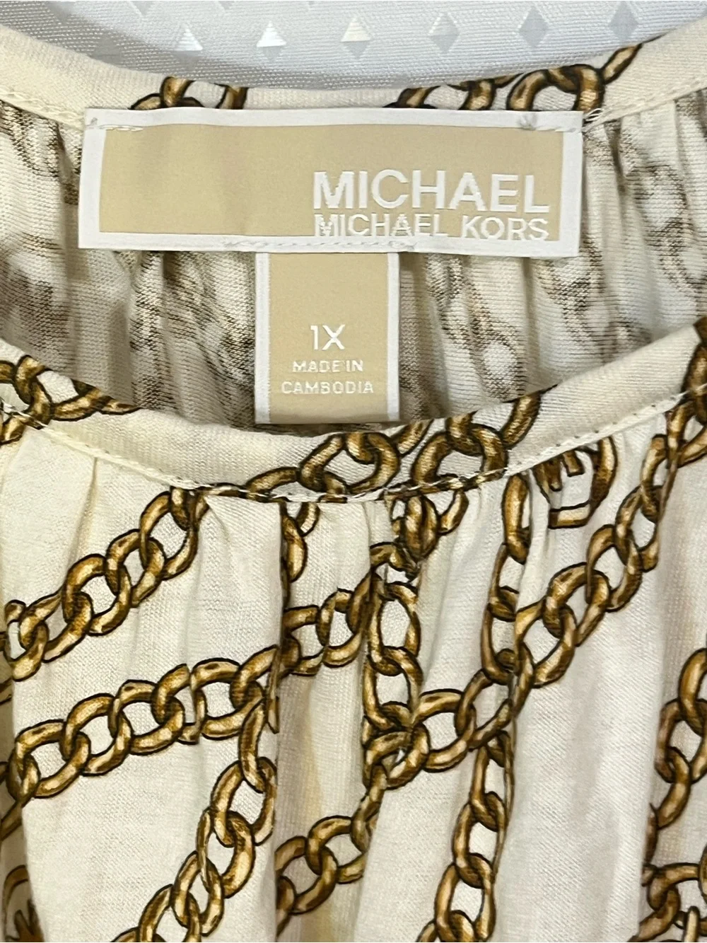 Michael Kors Cream Blouson Top with Gold Chain Print