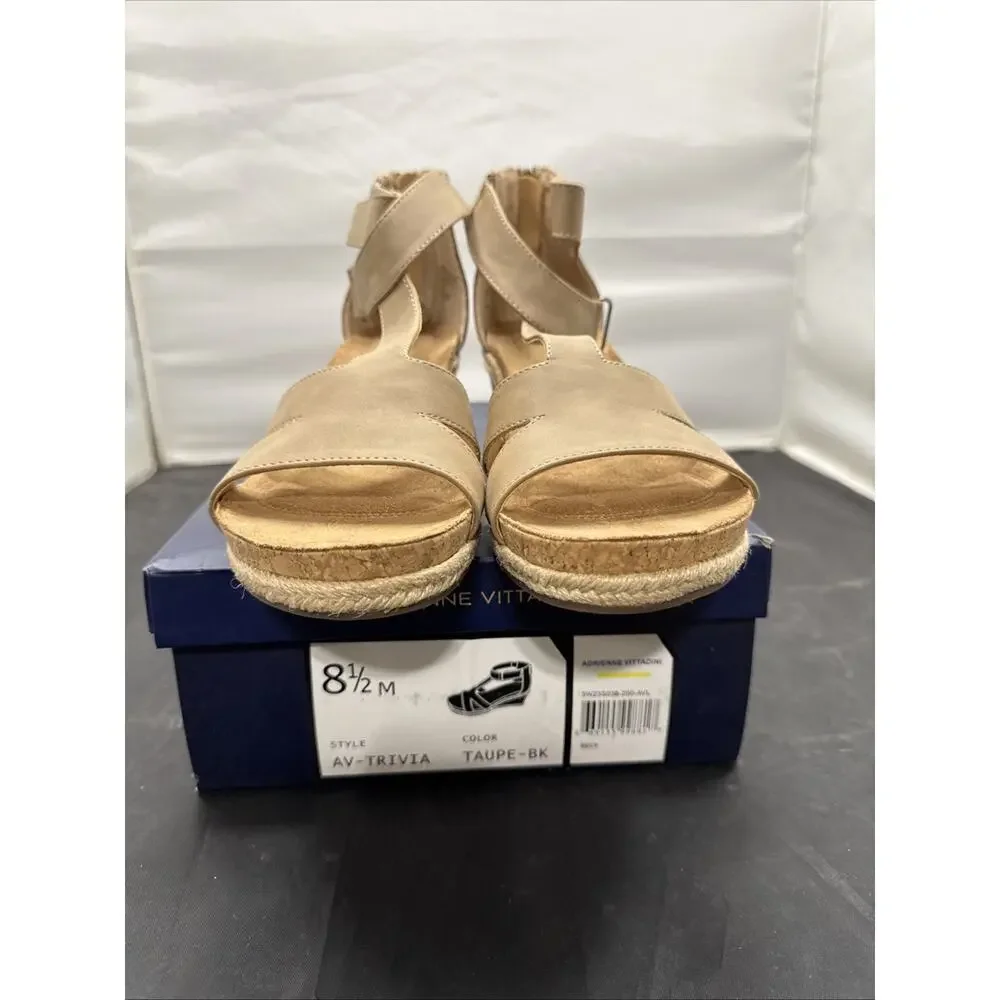 ADRIENNE VITTADINI TRIVIA Wedge Sandals Taupe Ankle Strap Women's Size 8.5 New