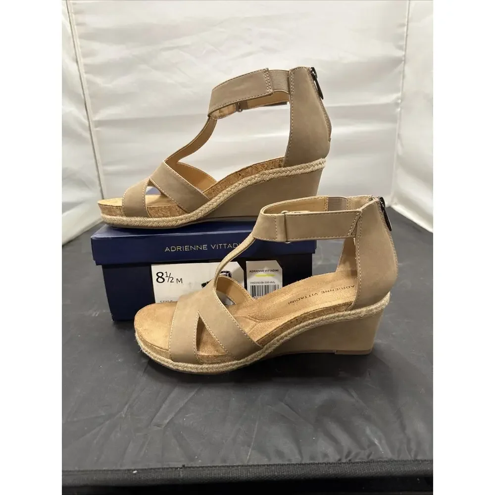 ADRIENNE VITTADINI TRIVIA Wedge Sandals Taupe Ankle Strap Women's Size 8.5 New