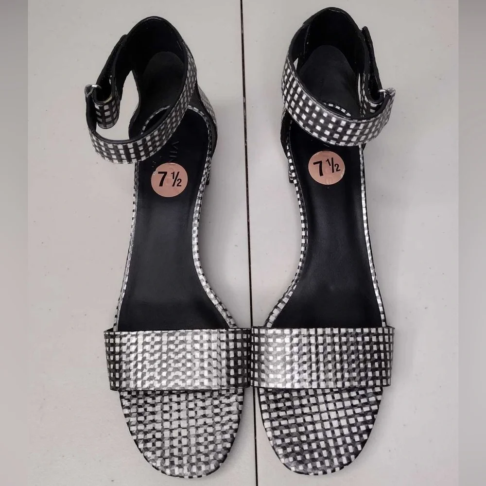 Vince Rita Checkered Sz 7.5 Leather Minimalist Contemporary Ankle Strap Sandals