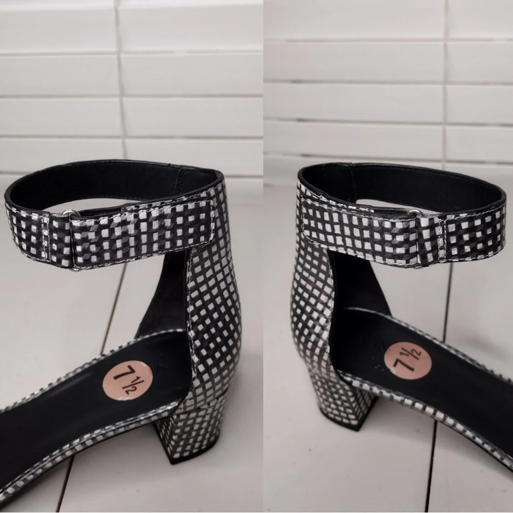 Vince Rita Checkered Sz 7.5 Leather Minimalist Contemporary Ankle Strap Sandals
