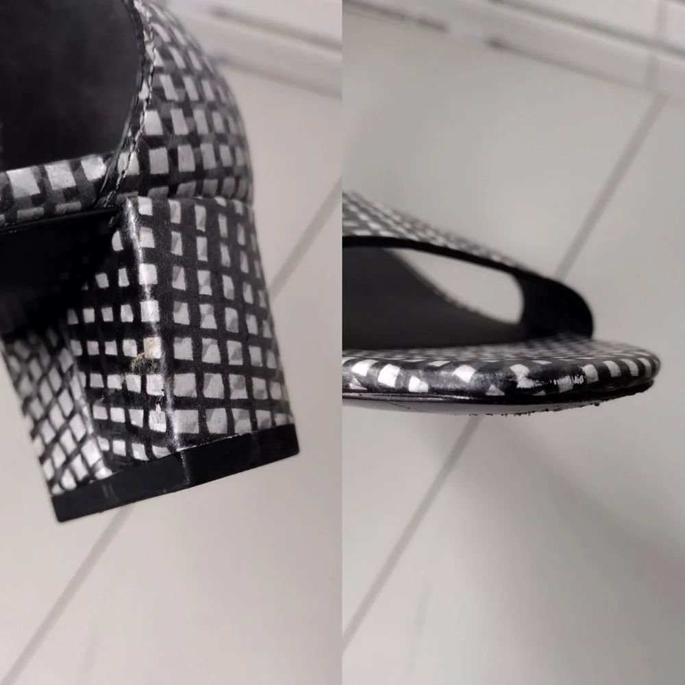 Vince Rita Checkered Sz 7.5 Leather Minimalist Contemporary Ankle Strap Sandals