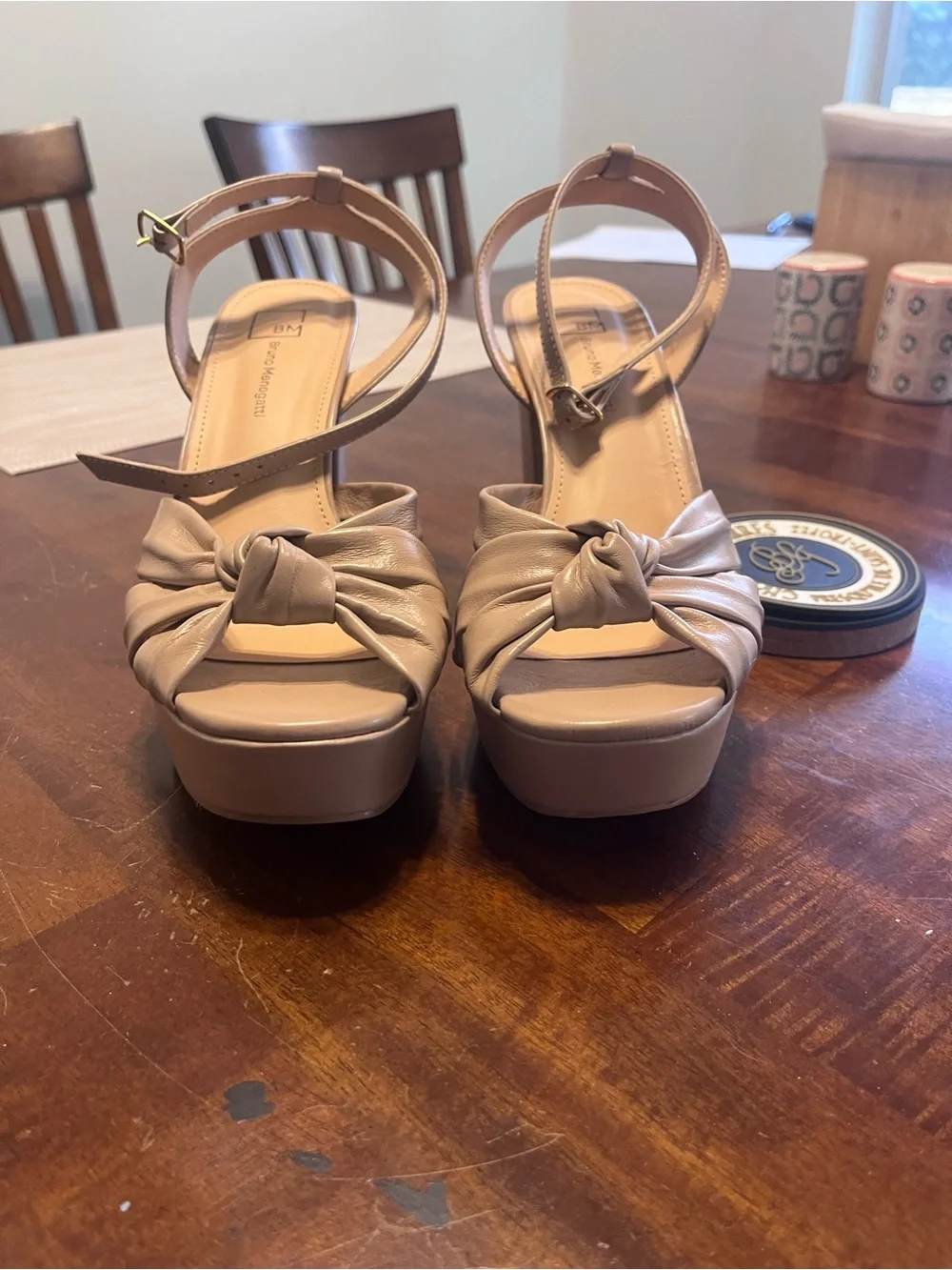 Bruno M Tan Knot front Platform ankle buckle and block heel Sandals