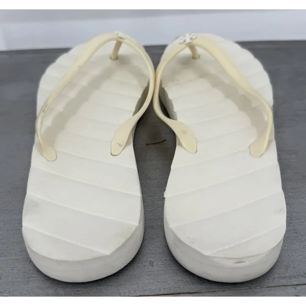 Tory Burch Logo Wedge Flip Flop Sandals Ivory Size 8 Summer Beach Vacation