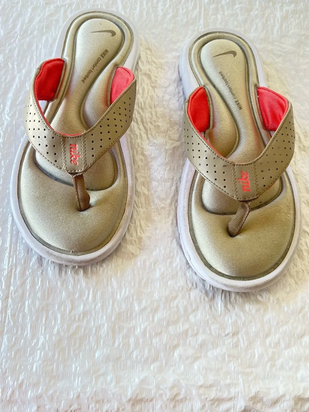 Nike Metallic Gold and Coral Thong Sandals