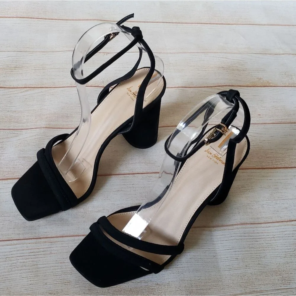 Sam Edelman Kia Suede Ankle Strap Heel Sandals Black Women's Size 10M Square Toe