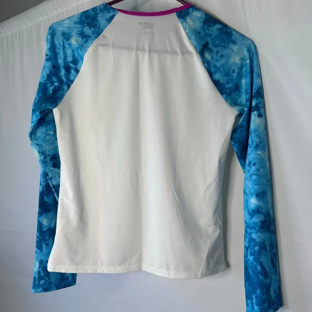 Lands’ End Girls Rash Guard Top Size 14 Blue Tie Dye Long Sleeve Swim Shirt