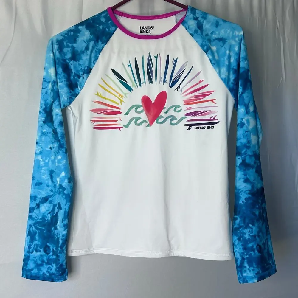 Lands’ End Girls Rash Guard Top Size 14 Blue Tie Dye Long Sleeve Swim Shirt