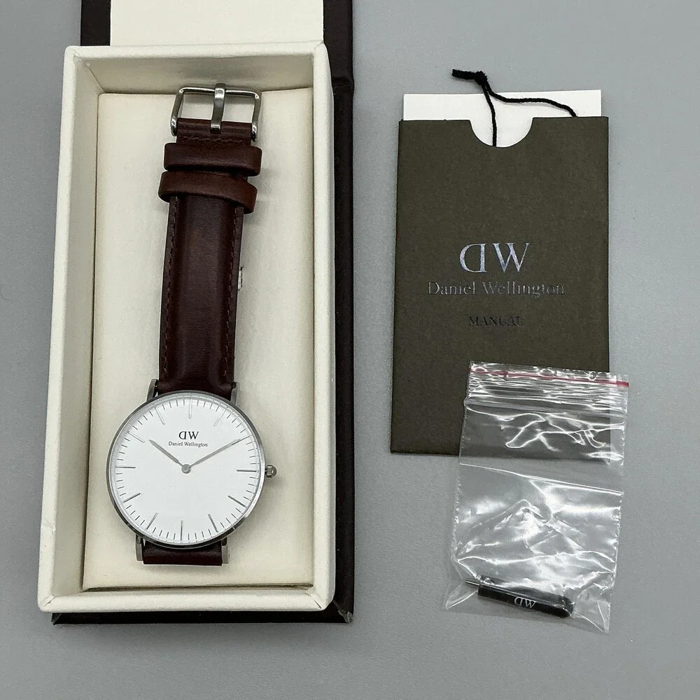 Daniel Wellington Womens Watch 36mm White Dial Brown Leather Classic New Battery