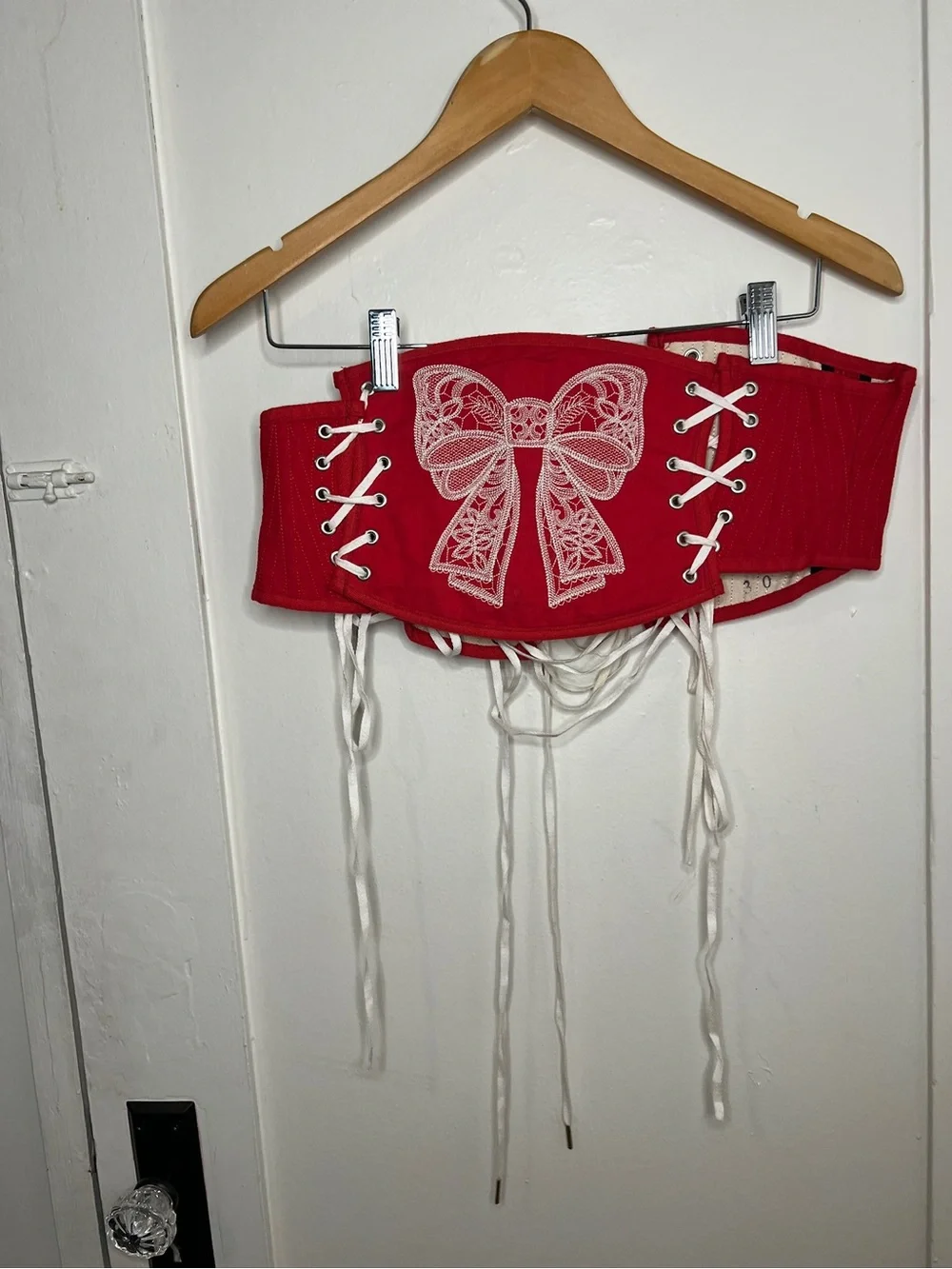 Red Lace-Up Corset Waist Belt with White Bow Embroidery
