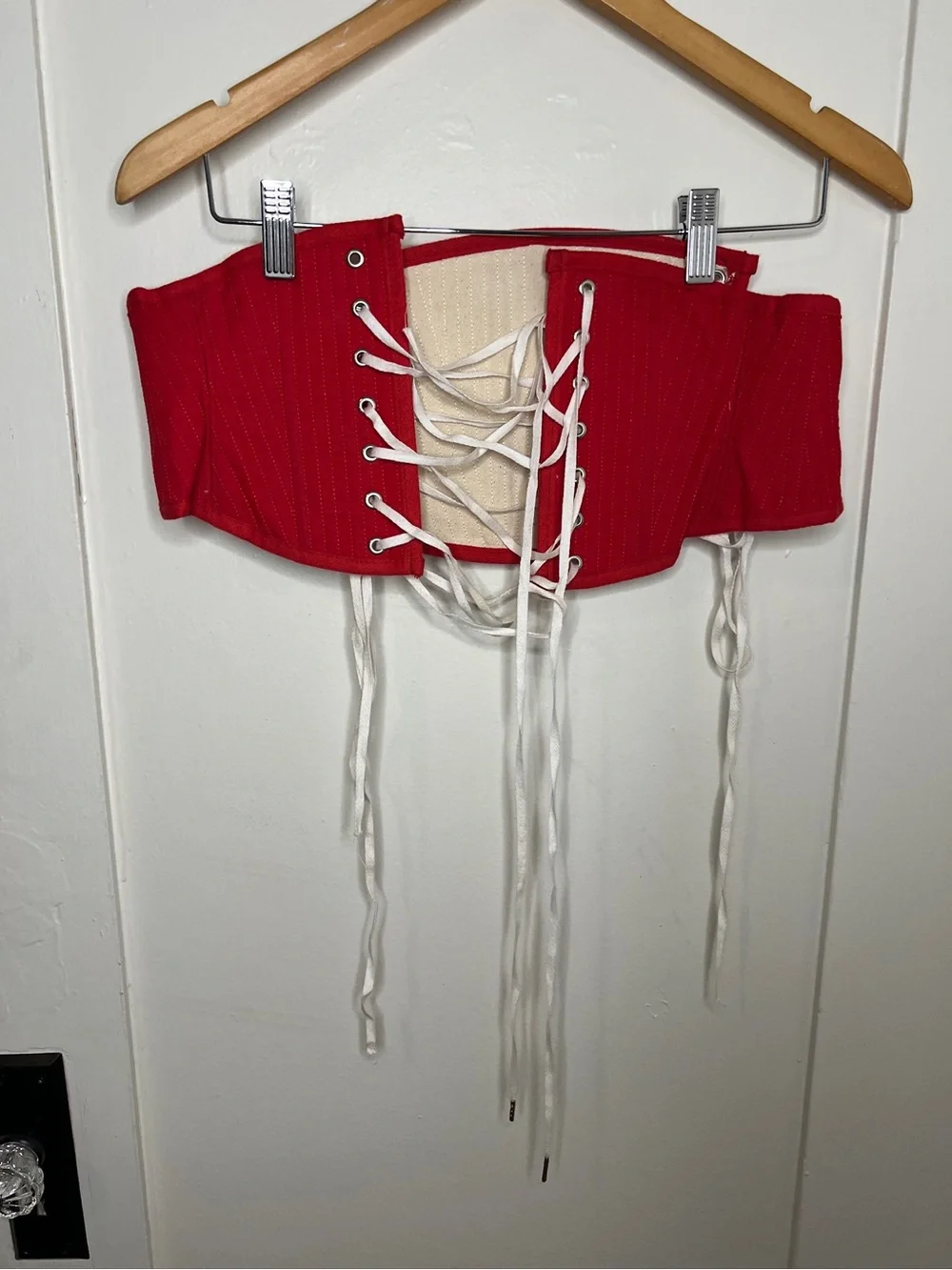 Red Lace-Up Corset Waist Belt with White Bow Embroidery