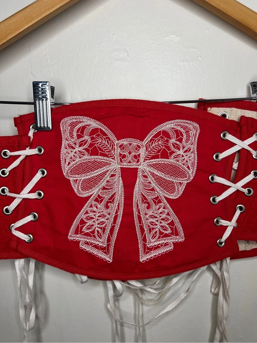 Red Lace-Up Corset Waist Belt with White Bow Embroidery