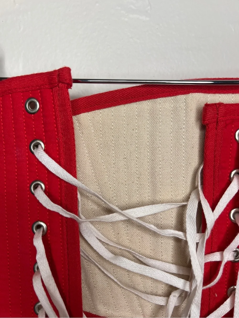 Red Lace-Up Corset Waist Belt with White Bow Embroidery