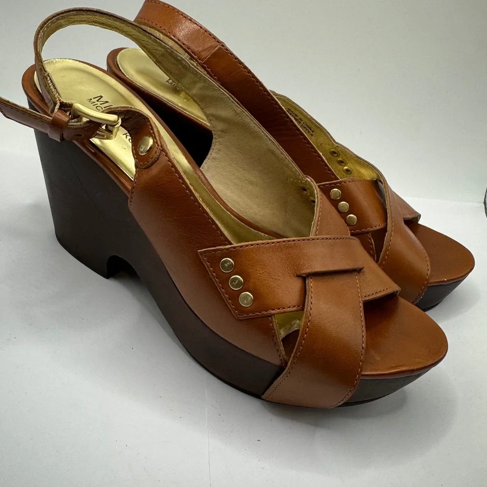 Michael Kors Brown Leather Platform Wedge Sandals