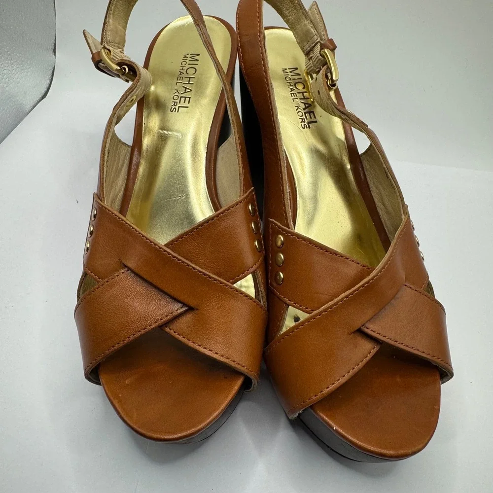 Michael Kors Brown Leather Platform Wedge Sandals