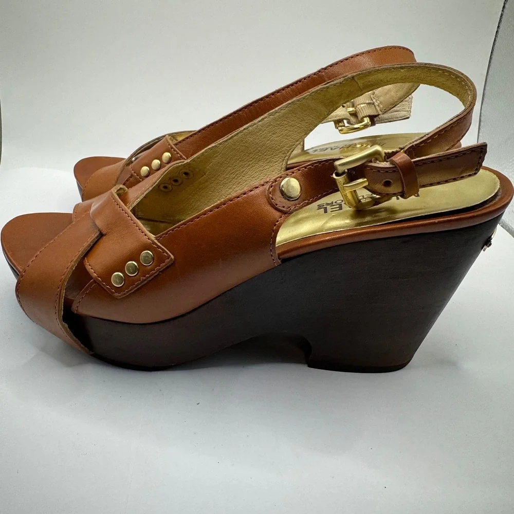 Michael Kors Brown Leather Platform Wedge Sandals